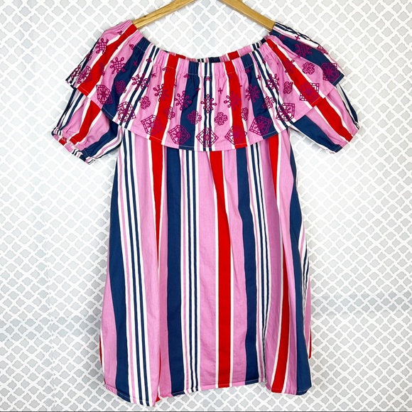 EUC ASOS Pink Multi Striped Off Shoulder Eyelet Dress - Picture 2 of 11